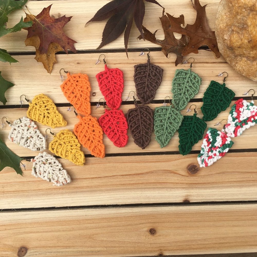 NEW Macrame Handmade Autumn Leaves Best Fall Earrings, Nickel Free with Gift Box